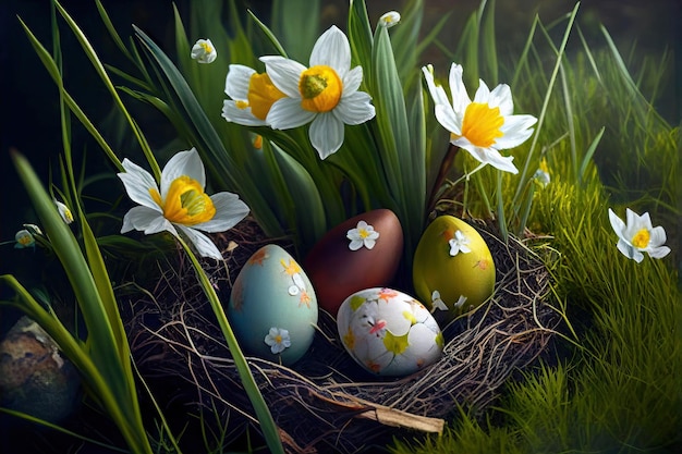 Colorful Easter eggs decorated with daffodils on the grass in sunny Generative AI