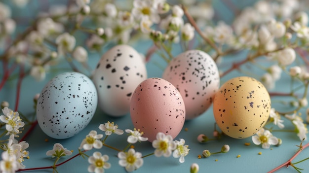 Colorful easter eggs displayed on a blue table surrounded by gypsophila flowers