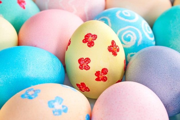 Colorful Easter eggs dyed by colored water with beautiful patter