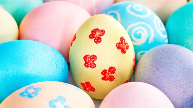 Colorful Easter eggs dyed by colored water with beautiful patter