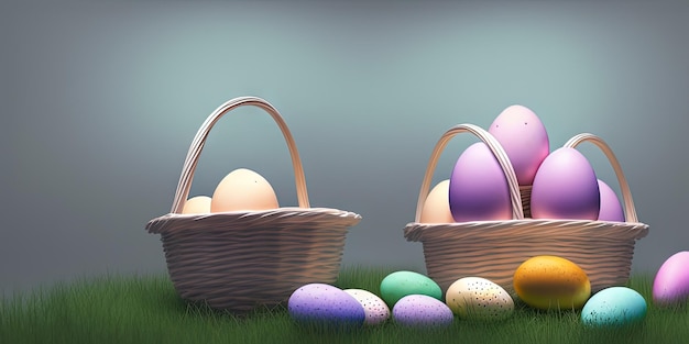 Colorful Easter eggs Easter banner colorful painted eggs Easter eggs in a basket Minimal concept Easter background