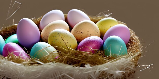 Colorful Easter eggs Easter banner colorful painted eggs Easter eggs in a basket Minimal concept Easter background