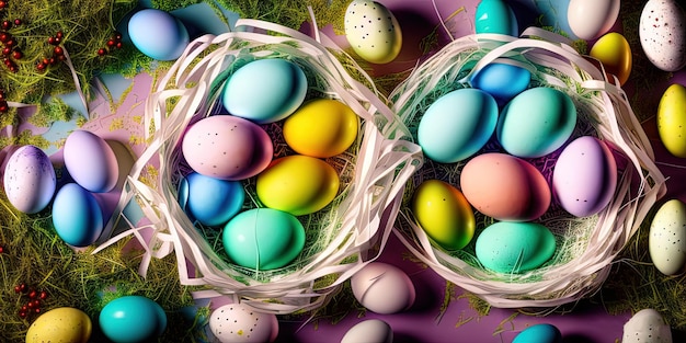 Colorful Easter eggs Easter banner colorful painted eggs Easter eggs in a basket Minimal concept Easter background