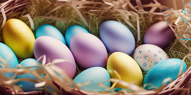 Colorful Easter eggs Easter banner colorful painted eggs Easter eggs in a basket Minimal concept Easter background