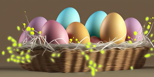 Colorful Easter eggs Easter banner colorful painted eggs Easter eggs in a basket Minimal concept Easter background