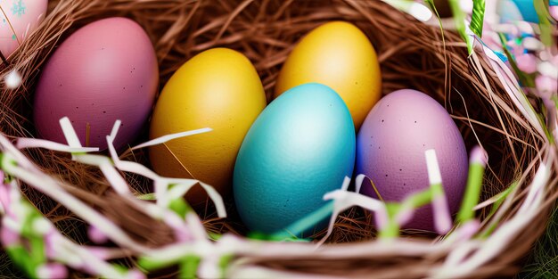 Colorful Easter eggs Easter banner colorful painted eggs Easter eggs in a basket Minimal concept Easter background