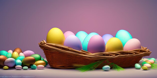 Colorful Easter eggs Easter banner colorful painted eggs Easter eggs in a basket Minimal concept Easter background