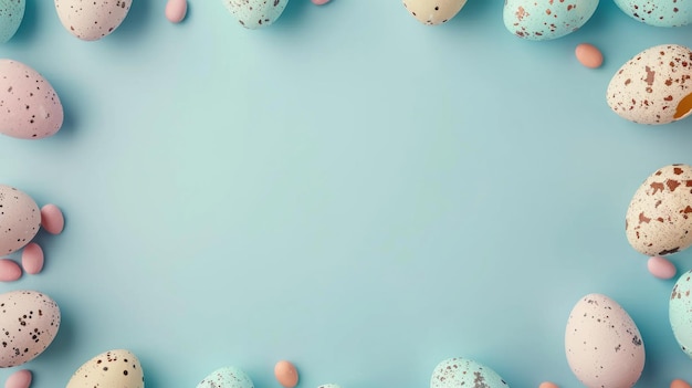 Colorful Easter Eggs frame border over a pastel blue background with Copy space