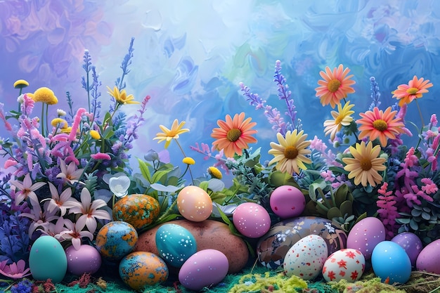 Colorful Easter Eggs in a Garden with Flowers To provide a visually striking and festive Easter themed image for use in decorations advertisements