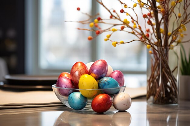 Colorful easter eggs in glass bowl on table selective focus