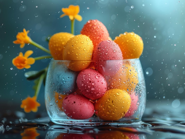 Colorful easter eggs in glass vase with yellow daffodils A bunch of colored eggs in glasses