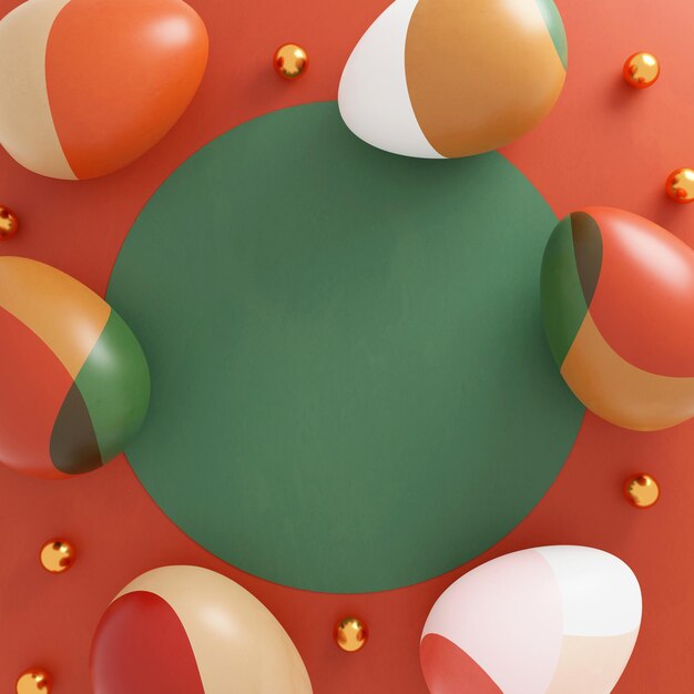 Colorful easter eggs and golden ball on red background