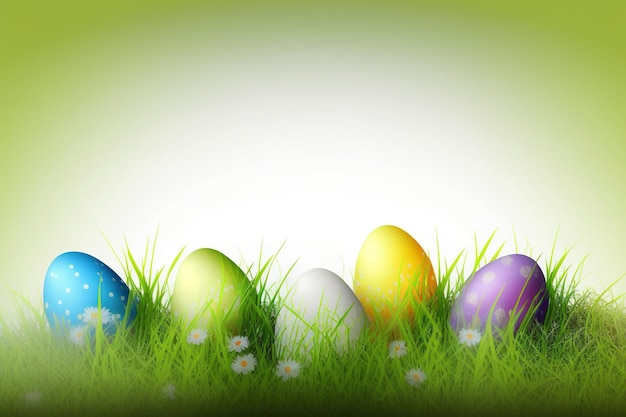 Colorful easter eggs in grass on a sunny spring day copy space