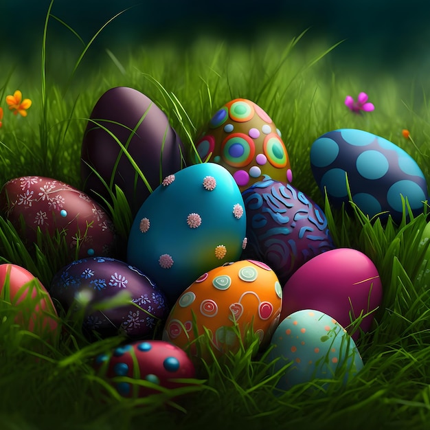 Colorful easter eggs in grass