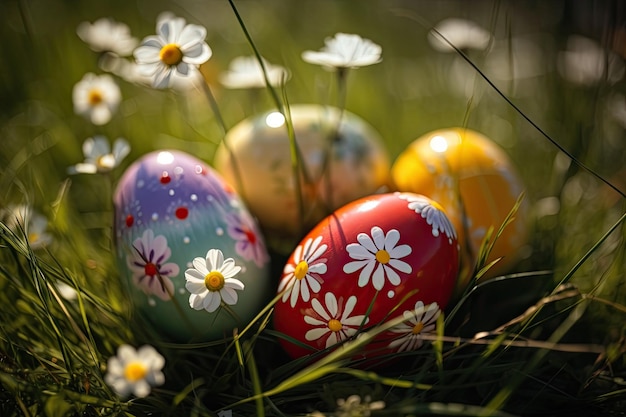 Colorful easter eggs on green grass with a daisies background AI generated