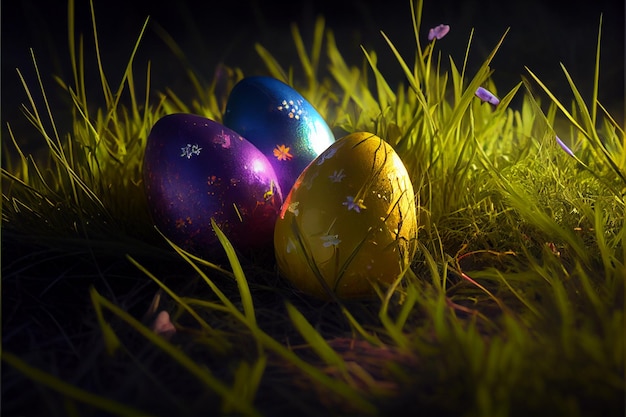 Colorful easter eggs on green grass