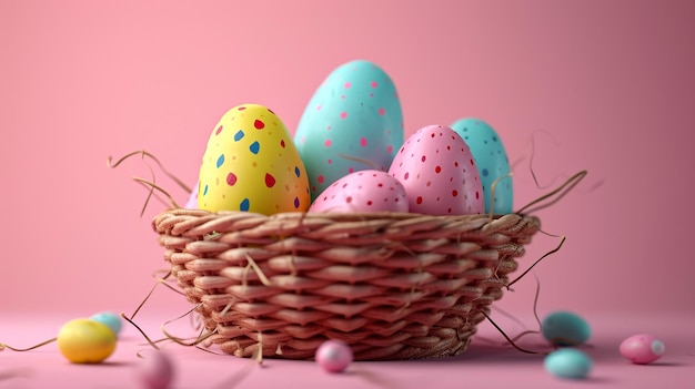 Colorful Easter eggs and napkin on wooden table