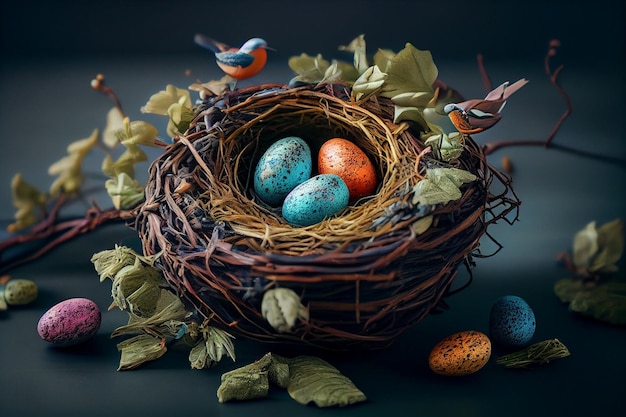 Colorful easter eggs in a nest on old wooden backgroundgenerative ai