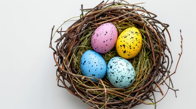 Colorful Easter Eggs in Nest On White Background