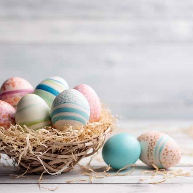 Colorful easter eggs in nest on white wooden background copy space