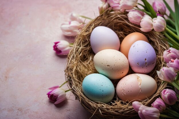 Colorful Easter eggs in a nest with flowers