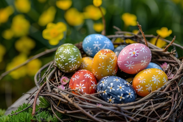 Colorful easter eggs in a nest with spring flowers