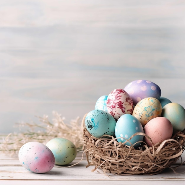 Colorful easter eggs in nest on wooden background with copy space