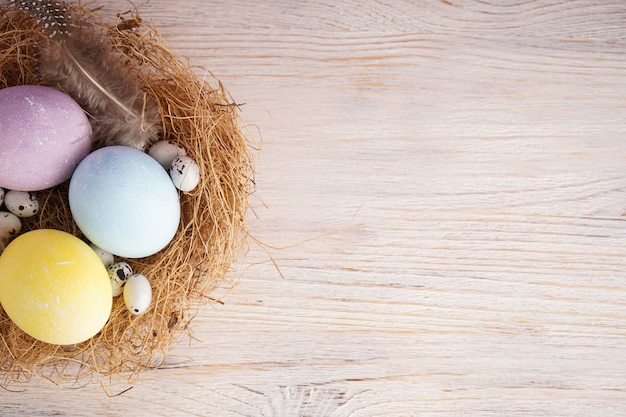 Colorful easter eggs in a nest on a wooden background