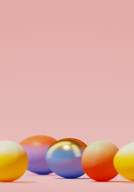 Colorful Easter eggs on pink background. 3d rendering illustration.