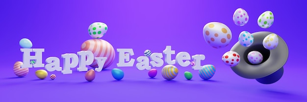 Colorful Easter eggs on Purple background Spring holidays advertising 3d render illustration banner with happy easter lettering