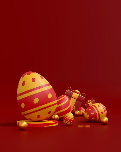 A colorful Easter eggs on red background Happy Easter day concept 3D illustration