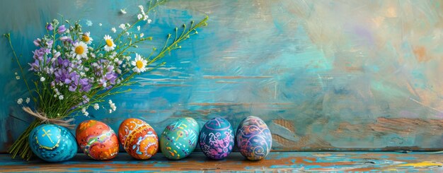 Colorful easter eggs and spring flowers on a blue wooden background Happy Easter concept