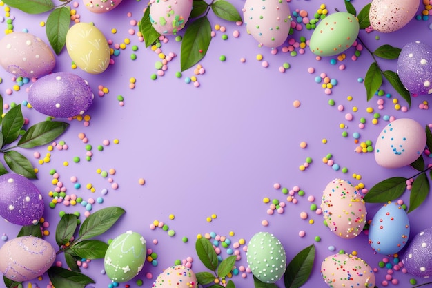 Colorful Easter Eggs and Sprinkles on Purple Background