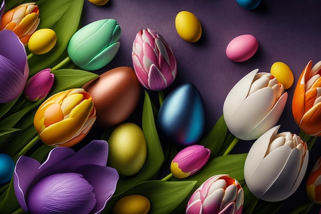 Colorful easter eggs and tulips on purple background Generative AI