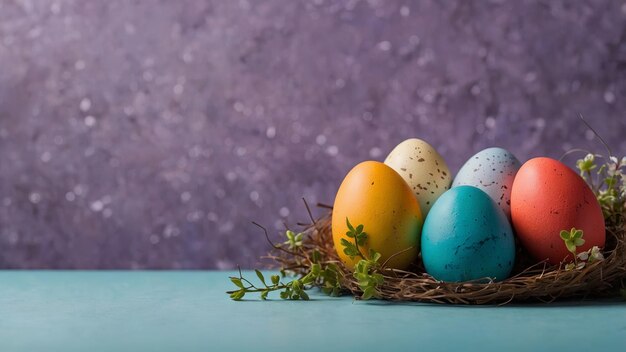 Colorful Easter eggs on a vibrant background with copy space for a topdown view presenting a festive Easter theme