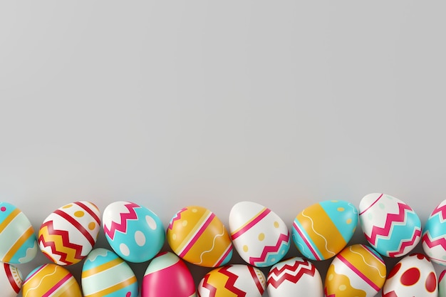 A colorful Easter eggs on white background Happy Easter day concept top view 3D illustration