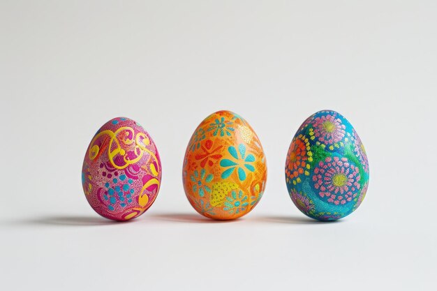 Colorful Easter eggs on white background with festive patterns showcase