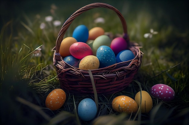 Colorful easter eggs in a wicker basket on the grassgenerative ai