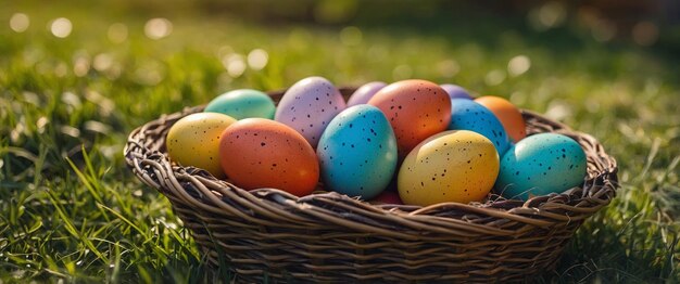 Colorful easter eggs in a wicker basket on green grass on a sunny day sun rays easter background