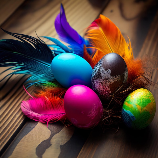 Colorful easter eggs with bird feathers in nest Concept of Happy Easter