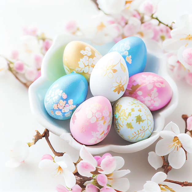 Colorful Easter eggs with cherry blossoms on white background Design for Easter day