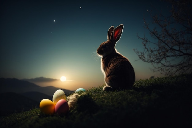 Colorful Easter eggs with cute rabbit over a full moon background