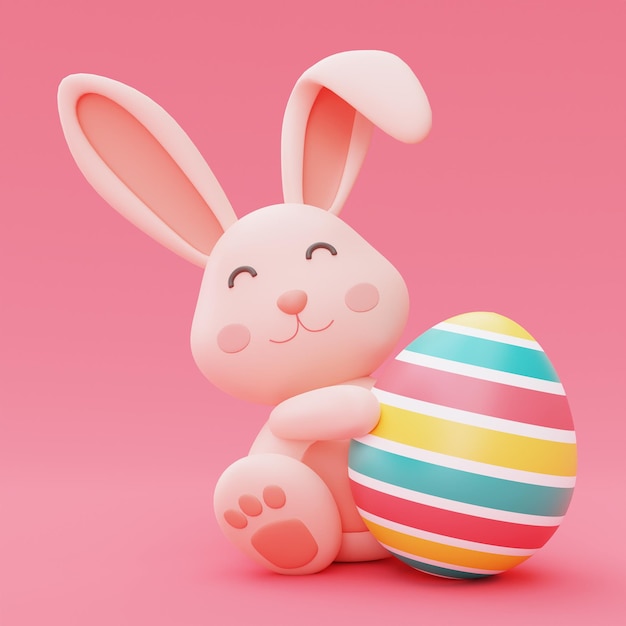 Colorful easter eggs with easter bunny on pink backgoundhappy easter holiday conceptminimal style3d rendering