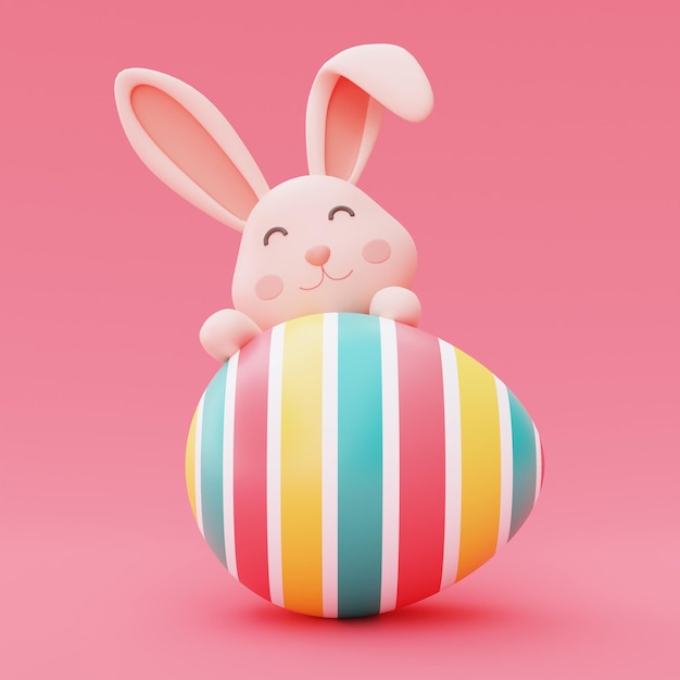 Colorful easter eggs with easter bunny on pink backgoundhappy easter holiday conceptminimal style3d rendering