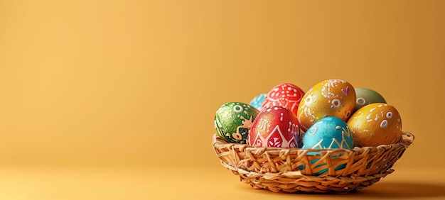 Colorful Easter eggs with intricate designs in rustic basket on warm orange background Suitable for spring holiday marketing and festive decoration visuals Easter traditions Banner with copy space