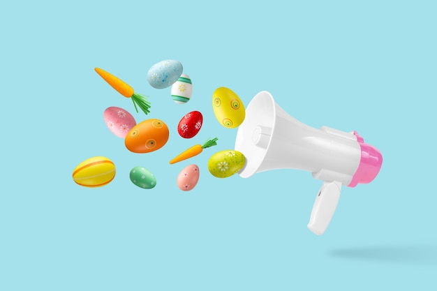 Colorful Easter eggs with whitepink megaphone on a blue background Creative minimal Easter concept