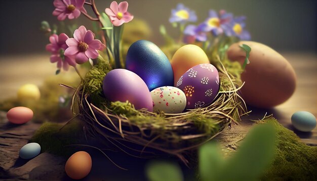 Colorful easter nest with easter eggs Generative AI