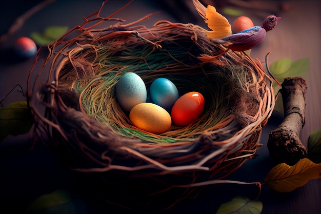 Colorful easter nest with easter eggs Generative AI