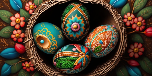 colorful easter pysanky eggs inside nest on vivid background