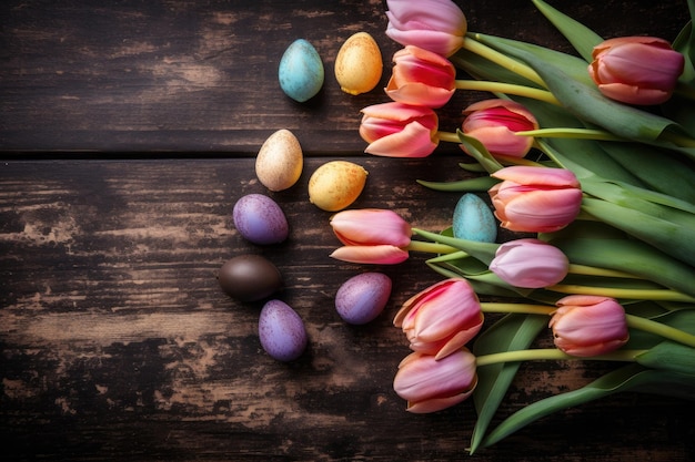 Colorful Easter table setting with tulips eggs and wooden accents Generative AI